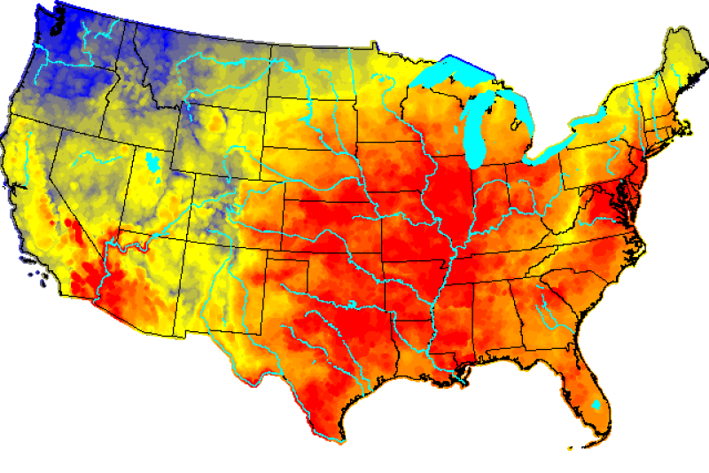 The USDA's cattle heat-stress forecast shows much of the eastern and central states under risk of dangerous to emergency heat stress as this week progresses.
