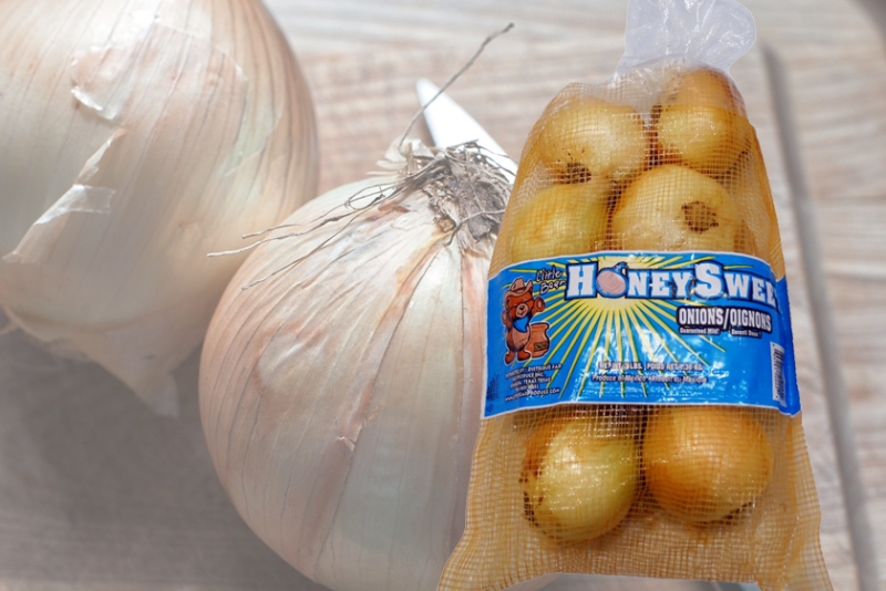 A consumer bag of onions from Little Bear Produce