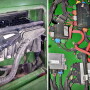 Older machines that have plastic circuit boxes designed for easy access are easily breached by power washers. Factory-sealed metallic circuit board boxes are water-resistant, but power washers can force water past the seals on their connector plugs. Black plastic boxes, such as the fuse box in the upper right, are designed to be opened by the operator and easily penetrated by high pressure water jets. 