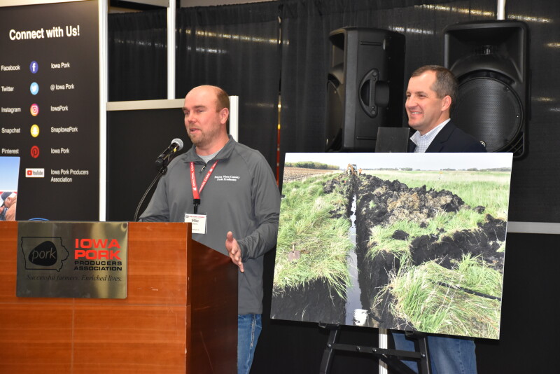 Mike Ehlers, a pig farmer from Marathon, Iowa, discussed how they installed a bioreactor on their pork farm Wednesday during a press conference at the Iowa Pork Congress.