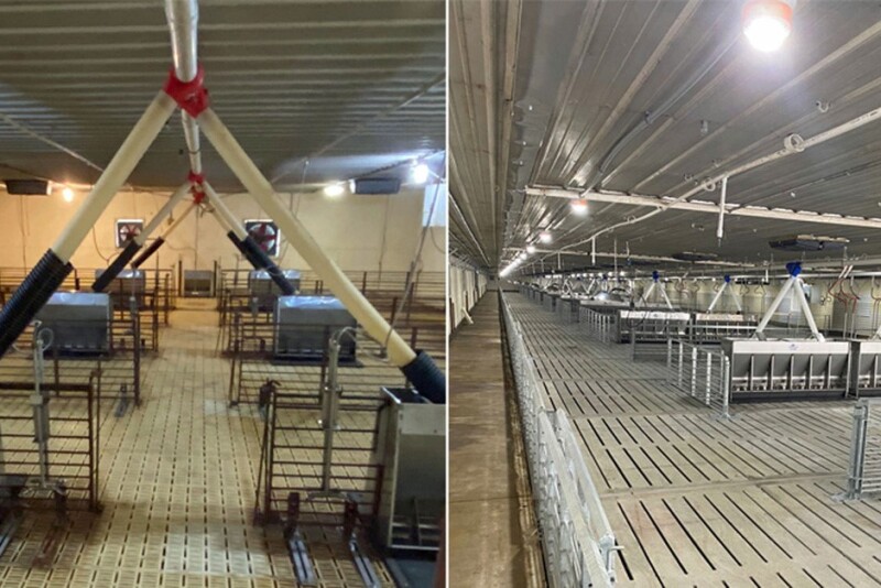 Before and after pictures of a barn interior.