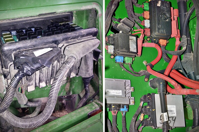 Older machines that have plastic circuit boxes designed for easy access are easily breached by power washers. Factory-sealed metallic circuit board boxes are water-resistant, but power washers can force water past the seals on their connector plugs. Black plastic boxes, such as the fuse box in the upper right, are designed to be opened by the operator and easily penetrated by high pressure water jets. 