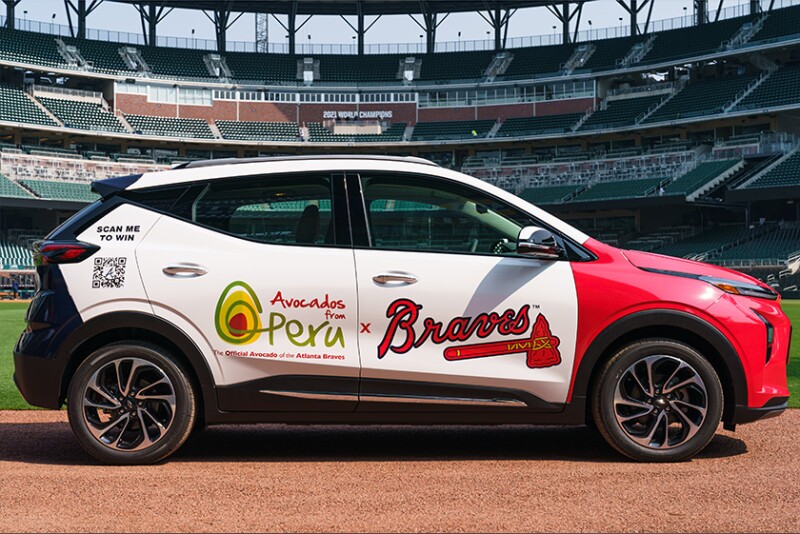 Auto with the logos of Avocados from Peru and the Atlanta Braves.