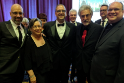 John Donio (from left), Angela Donio, Jim Donio and Father Frank Donio (far right) stand with actor Joe Mantegna (with red tie), who was the master of ceremonies at the Sons of Italy Foundation’s National Education and Leadership Awards Gala near Washington D.C. May 23.