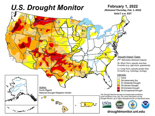 National Drought Monitor Map, Feb. 3, 2022