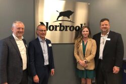 Norbrook Laboratories hosted a reception for customers and other industry leaders at its expanded facility based in Lenexa, Kan., on April 17. Pictured here, left to right, is Kevin Holland, chief commercial officer, Oliver McAllister, chief finance officer, Dr. Emily Latimer, technical services veterinarian for the company, and Bruce Brinkmeyer, vice president of Norbrook for North America.

