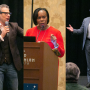 In three separate photos, two men and a women speak to an audience.