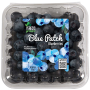 A label is shown on a clear container of blueberries