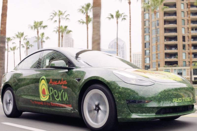 Tesla car with avocado on it