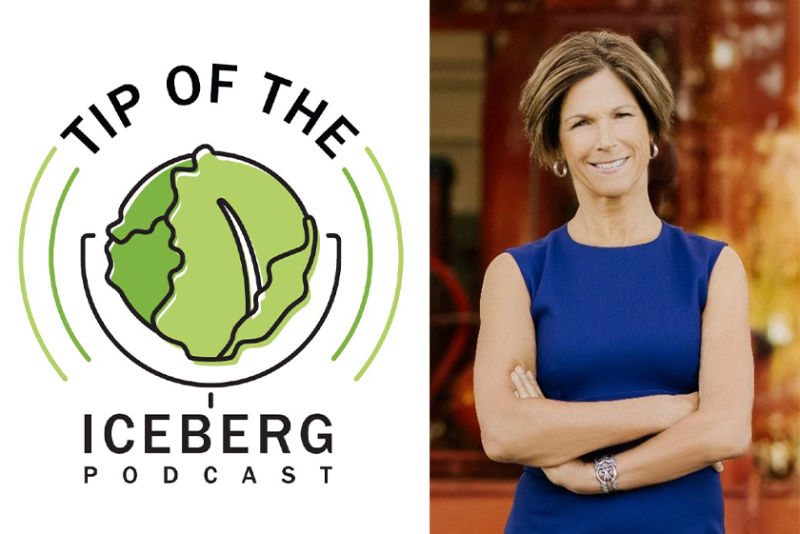 logo of lettuce and woman in blue dress