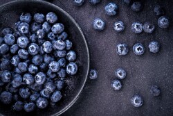 Blueberries in a bowl and on a table