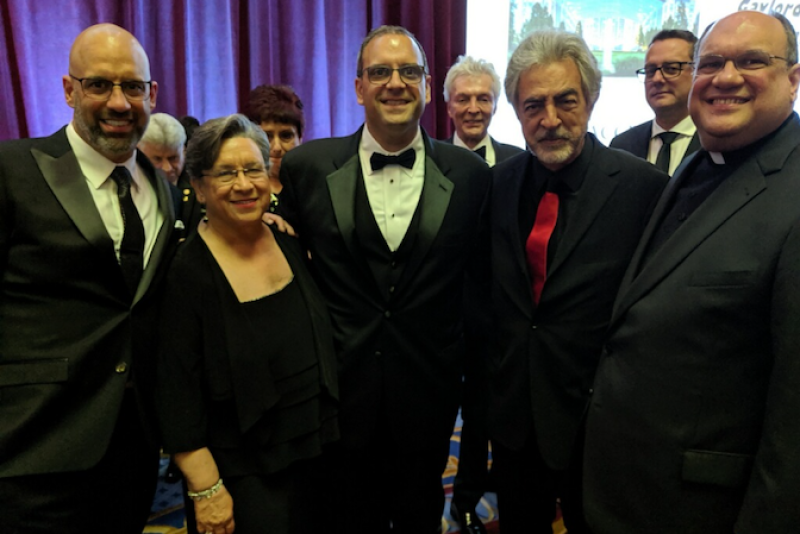 John Donio (from left), Angela Donio, Jim Donio and Father Frank Donio (far right) stand with actor Joe Mantegna (with red tie), who was the master of ceremonies at the Sons of Italy Foundation’s National Education and Leadership Awards Gala near Washington D.C. May 23.