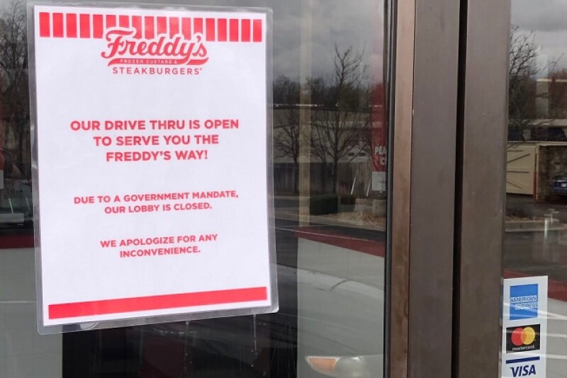  Freddy's (this one in Olathe, KS) and other restaurants shut down their dine-in services but kept open their drive-through service in mid-March.