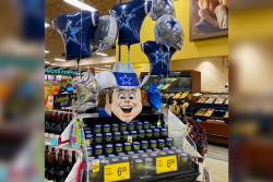 A Dallas Cowboys-themed Super Bowl merchandising display
