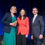 Chelan Burton-Brown, CFO of Robotics Plus (left) receiving the award from New Zealand Prime Minister Rt Hon Jacinda Ardern and Senator the Hon Simon Birmingham, Australian Minister for Trade, Tourism and Investment