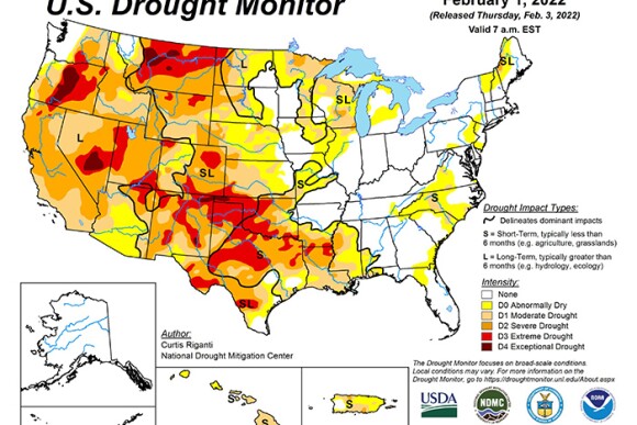 National Drought Monitor Map, Feb. 3, 2022