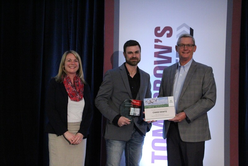 Chase Dewitz of Steele, N.D., was recognized with the 2020 Tomorrow’s Top Producer Horizon Award. He is congratulated by Sara Schafer, Top Producer Editor, and Mark Timke, National Strategic Account Manager for Pioneer.