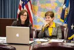 Krysta Harden (right) hosts a Google Hangout for beginning farmers.