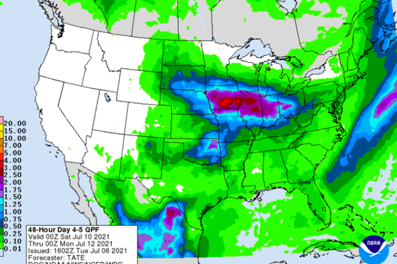  Wet weather forecasts across the Midwest caused commodity prices to tank Tuesday, with soybean oil and corn hitting the daily limits lower. Much of the Midwest is forecast to receive rain at key pollination time.