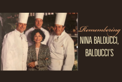 Nina Balducci, with chefs (left to right) Cosmo Nero, Hartley Samet and Vittorio Giacometti, was featured on the cover of her winter 1993 Balducci's catalog.