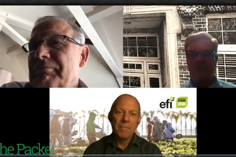 The Packer’s Tom Karst (right) visited May 5 with Peter O’Driscoll, executive director of the Equitable Food Initiative (center) and Vic Smith, CEO of the JV Smith Cos. (left) 