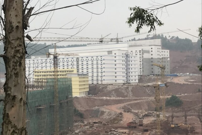 This nine-story hog building will hold 7,500 sows—it is one of four nine-story buildings being built by Chinese feed mill and pork producer company Guangxi Yangxiang Co.