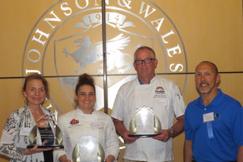 At the 15th annual CAFÉ Leadership Conference in Charlotte, N.C., Annmarie Chelius (from left), Evelyn Sussman, Edward Tracey (on behalf of Mo Montgomery), accept awards at the 2019 Idaho Potato Commission Leadership Innovation Awards for Excellence in Foodservice Education with the commission’s Alan Kahn (far right).
