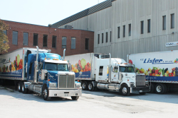 Three tractor trailer trucks, with the FG Lister & Co. Ltd. logo on their trailers, are shown backed toward a brick building.