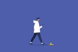 guy on cell phone about to fall from banana peel
