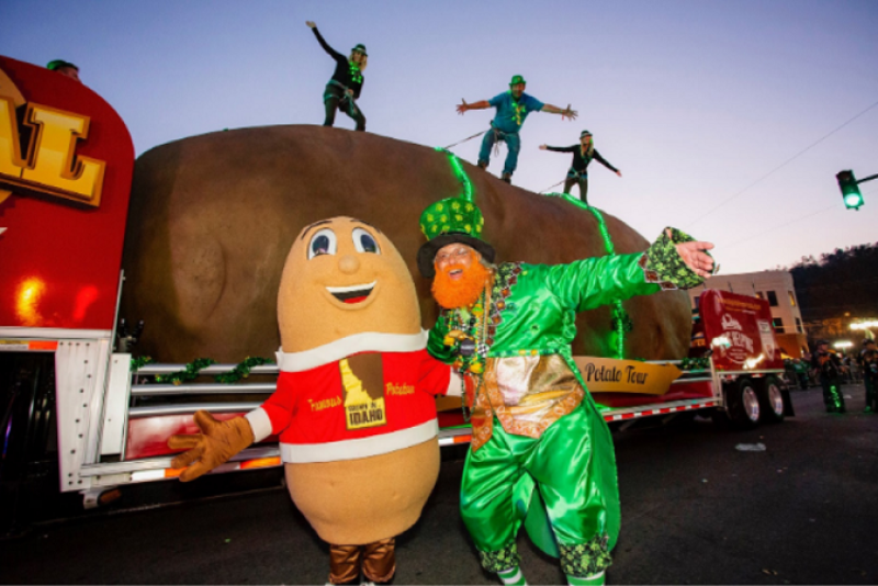 Spuddy Buddy and the Tater Team join the First Ever 16th Annual World's Shortest St. Patrick's Day Parade in Hot Springs, Ark., in 2019. 
