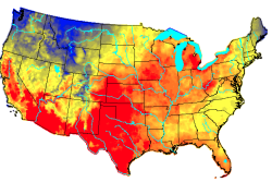 (On this map, yellow represents high risk, orange represents the “danger zone” and red is used to note areas will the heat will reach emergency levels.)