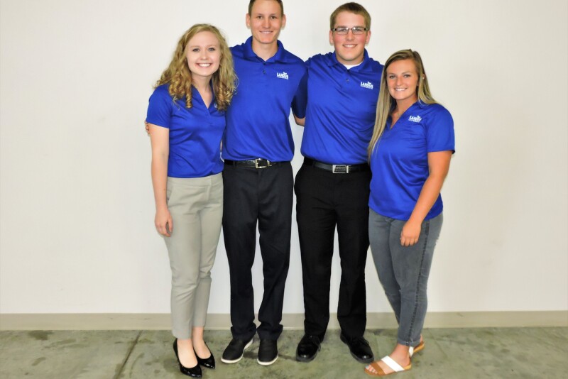 Laura Mincks (senior, Agricultural and Life Sciences Education, Columbus Junction, Iowa), Josh Carlson (senior, Ag Studies, Gowrie, Iowa), Josh Halbur (junior, Ag Systems Technology, Breda, Iowa) and Kate Collins (senior, Ag Business, Adel, Iowa) were part of the Landus Cooperative app project team recognized with a global award.