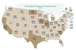 For 2017, the national average for cropland cash rents is $136 per acre, which shows no change from the 2016 national average, according to USDA’s 2017 Cash Rents Survey.