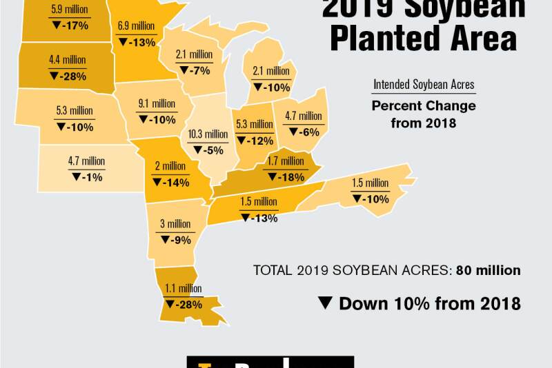 Soybean acres for 2019 are estimated at 80 million acres, which is down 10% (and 9.2 million acres) from 2018. This represents the lowest soybean planted acreage in the U.S. since 2013. 