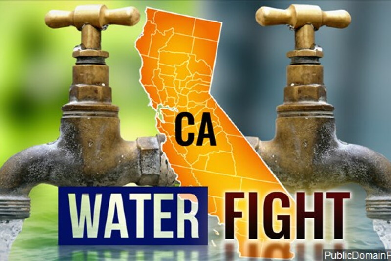 A photo of a pair of water spouts with an image of the state over the photos. Text over the whole thing says "water fight."