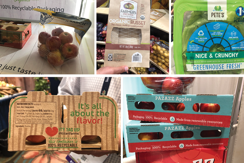 Clockwise from top left: Starr Ranch Growers, RPE, Hollandia Produce, Honeybear Brands and Titan Farms were a few of the companies showcasing sustainable packaging at SEPC's Southern Exposure.
