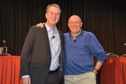 Adrian Percy, left, and Robb Fraley discuss the Bayer/Monsanto merger.
