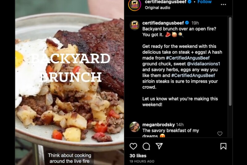 Screenshot of a steak and eggs video on Instagram
