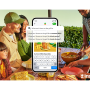 people eating and a cell phone with app and question