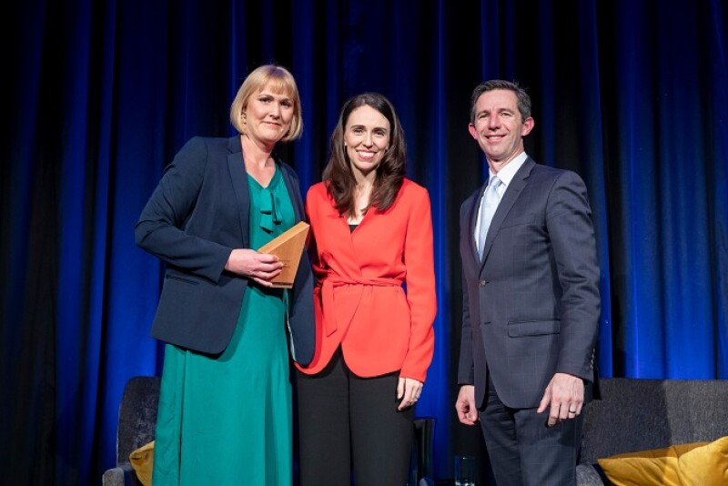 Chelan Burton-Brown, CFO of Robotics Plus (left) receiving the award from New Zealand Prime Minister Rt Hon Jacinda Ardern and Senator the Hon Simon Birmingham, Australian Minister for Trade, Tourism and Investment