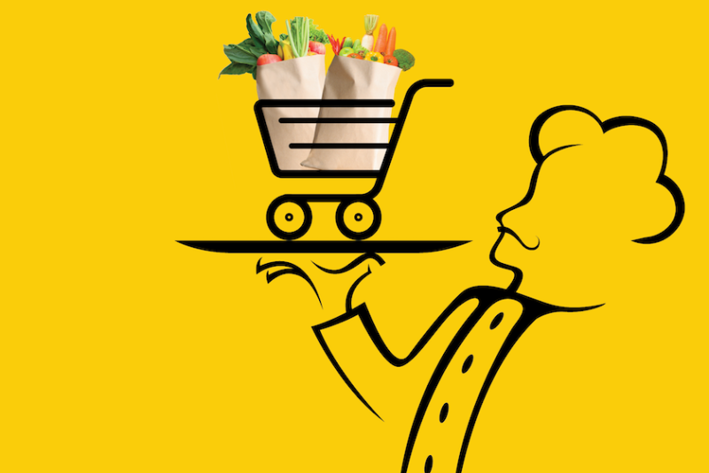 waiter with grocery cart on tray