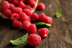 Raspberries on a table