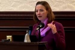 Betsy Bihn, directory of the Produce Safety Alliance, addresses attendees of a February water summit.