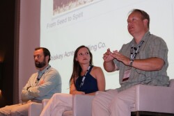 Producers Chris Noble (left), Anna Brakefield and Jamie Walter talk about on-farm diversification during the 2017 Tomorrow's Top Producer conference July 20 in Nashville, Tenn.