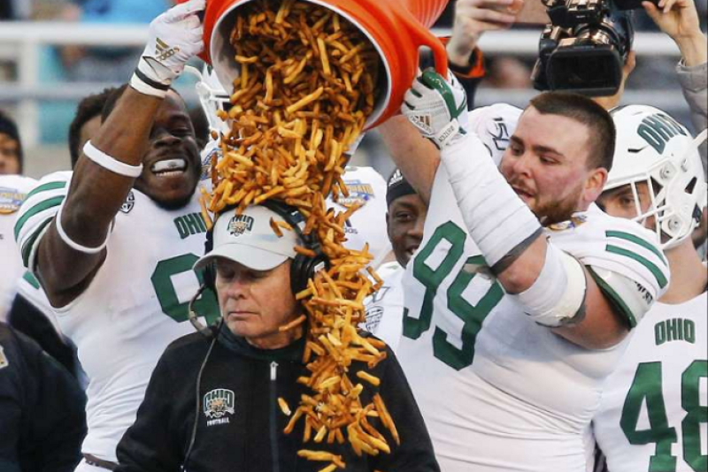 The Ohio Bobcats head coach Frank Solich was doused with french fries after winning the2019 Famous Idaho Potato Bowl. 


