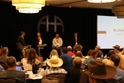 Presenters share ways to maximize profit potential through traditional and digital
avenues. Pictured (l to r): Mark Core, Vermeer Corporation, Bill Dunn, Dunn Herefords, Mark Johnson,
Producers Livestock Marketing, Jason Barber, Superior Livestock.