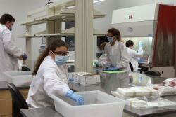 Staff at the Texas A&M Veterinary Medical Diagnostic Laboratory assemble sampling kits for physicians' use.
