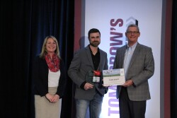 Chase Dewitz of Steele, N.D., was recognized with the 2020 Tomorrow’s Top Producer Horizon Award. He is congratulated by Sara Schafer, Top Producer Editor, and Mark Timke, National Strategic Account Manager for Pioneer.