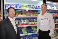 Mark Bassetti (left), senior vice president of sales and marketing, and Sam Duda, senior vice president of national operations, told booth visitors how Oviedo, Fla.-based Duda Farm Fresh Foods has expanded its cooling and fresh-cut facility in Oxnard, Calif.