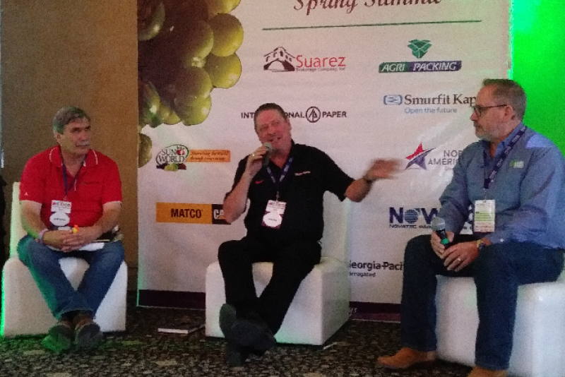  John Pandol (from left) of Pandol Bros., Gary Bird, retired senior produce buyer for Winco Foods LLC., and Miky Suarez of MAS Melons & Grapes, discuss retail trends and how they affect the grape category at the 2019 Sonora Spring Grape Summit in Tubac, Ariz.